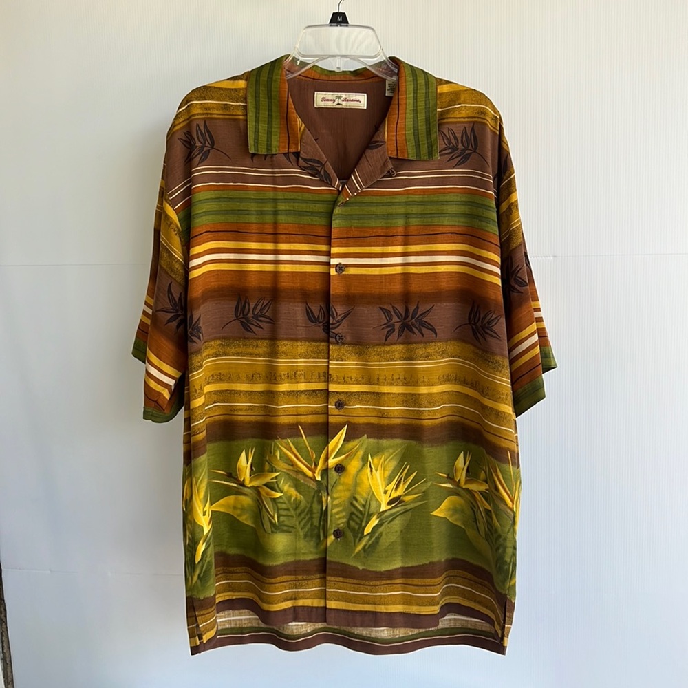 Tommy Bahama 100% Silk Striped Hawaiian Camp Shirt Size L